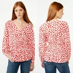 Free Assembly XL Pink Red Polka Dot Long Sleeve Wrap Top